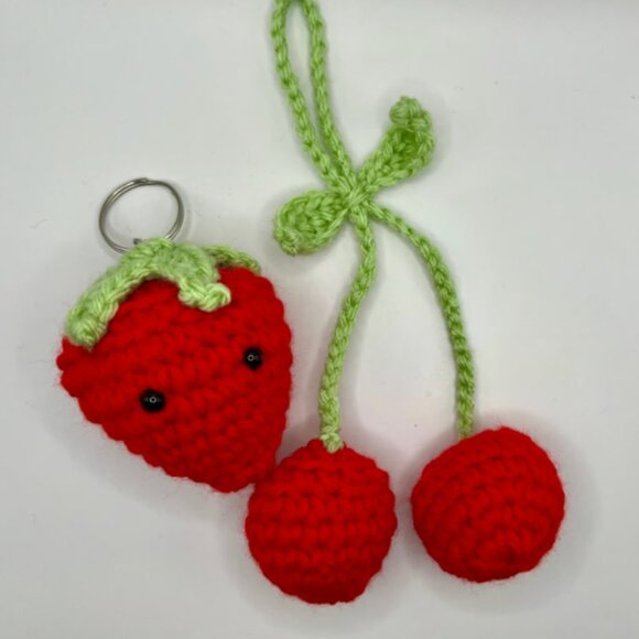 Strawberry Keychain & Cherry Headphone Accessory Set Bag Charm - Crochet - Red - Picture 1 of 3